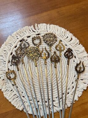Vintage Turkish Kabob Skewers Stainless Steel w/Ornate Brass Handle - Set of 12